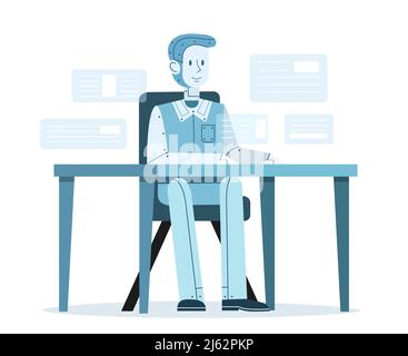 Artificial intelligence working vector illustration of robot man sitting at office table. Digital human mind in business communication and robotic man Stock Vector
