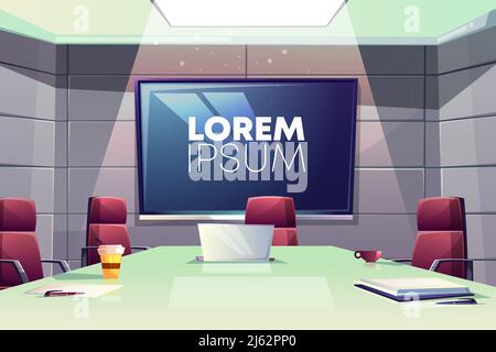 Business meeting or conference room interior cartoon vector illustration with comfortable armchairs, laptop on table and large screen for presentation Stock Vector