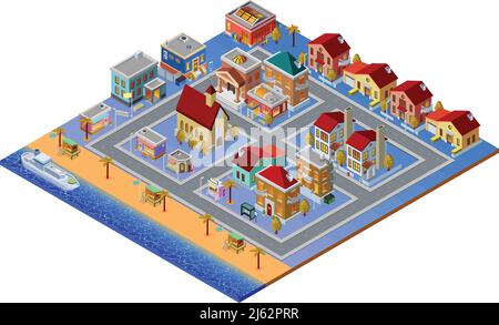 Isometric building set with church cottages and stores near beach and yacht in sea vector illustration Stock Vector