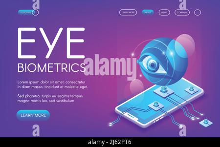 Eye biometrics technology vector illustration for personal identity authentication. Smartphone camera and retina or iris digital scanner for private d Stock Vector