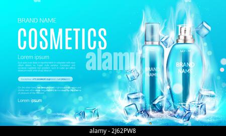 Cosmetics bottles in dry ice steaming cubes mockup landing page. Beauty product tubes with cooling cosmetic, advertising promo poster, ad background. Stock Vector