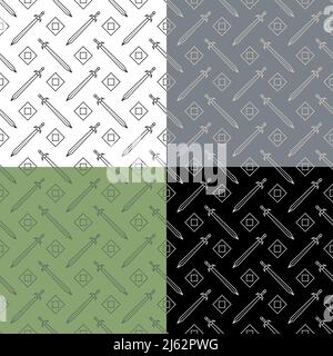 set of seamless patterns with geometric  knight swords. Tournament, beginning of medieval duel. Ornament for decoration and printing on fabric. Design Stock Vector