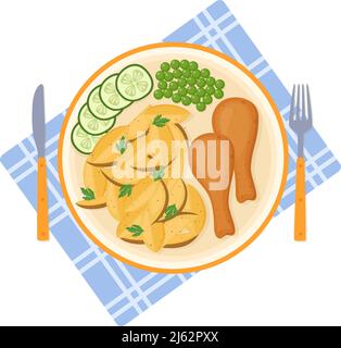 Plate of baked potatoes with fried chicken drumsticks, green peas and cucumber. Vector illustration Stock Vector