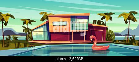 Luxury villa on coast, foreign residence in exotic country, expensive mansion in tropics cartoon vector illustration. High-class house exterior with i Stock Vector