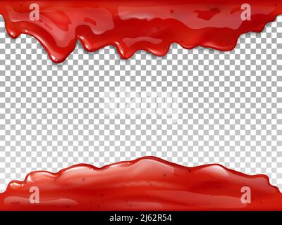 Jam flow seamless vector illustration of realistic 3D syrup splash and drops of red berry or fruit marmalade. Liquid drips on transparent background f Stock Vector
