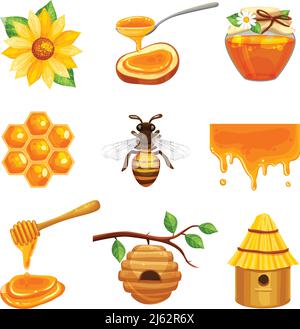 Honey isolated cartoon icon set with various elements of beekeeping and bee life vector illustration Stock Vector