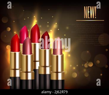 Lipstick assortment background with glossy sparkling colors realistic vector illustration Stock Vector