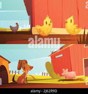 Farm animals for kids 2 horizontal cartoon style banners with  doghouse for guard dog isolated vector illustration Stock Vector