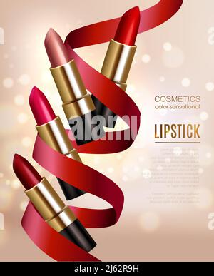Lipstick assortment realistic background with ribbon and cosmetics symbols vector illustration Stock Vector