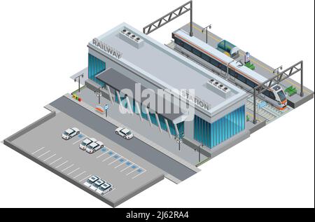 Urban railway station with cars on parking and passenger train  on platform isometric miniature vector illustration Stock Vector