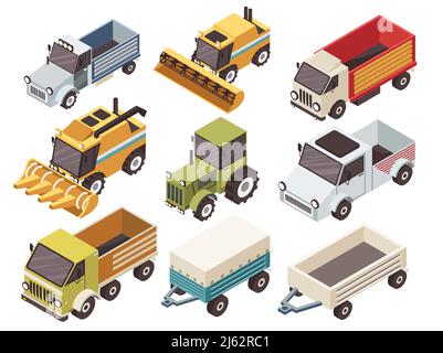 Farm vehicles isometric set with various type of trucks harvesters tractor and trailers isolated vector illustration Stock Vector