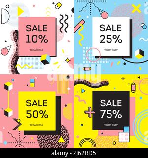 Sale concept in memphis style with percentage of discount on background with geometric shapes isolated vector illustration Stock Vector