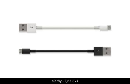 USB micro cable vector illustration of realistic 3D isolated white and black connector for mobile phone or smartphone charging or PC devices connectio Stock Vector