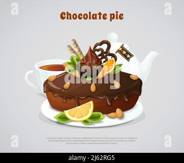Glazed chocolate pie decorated nuts and fruits with white teapot and cup on grey background vector illustration Stock Vector