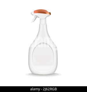 Spray bottle vector illustration of realistic 3D white plastic container with sprayer nozzle for glass mirror or bathroom and toilet cleaner. Isolated Stock Vector