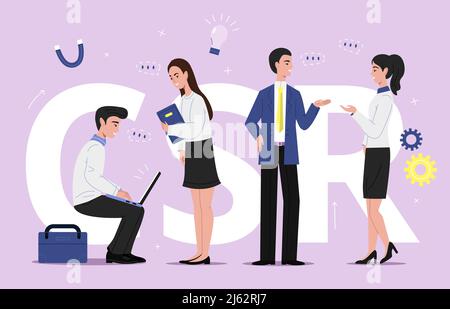 SCR corporate social responsibility vector illustration of business sustainability management. Company team men and women with laptops discussing on p Stock Vector