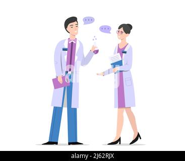 Chemists talking vector illustration of man scientist with vial beaker in hand speaking to woman professor on research. People profession in chemistry Stock Vector