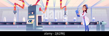 Milk bottles on factory conveyor belt with robotic arms pouring and packing production on transporter line, woman operator controlling smart industria Stock Vector