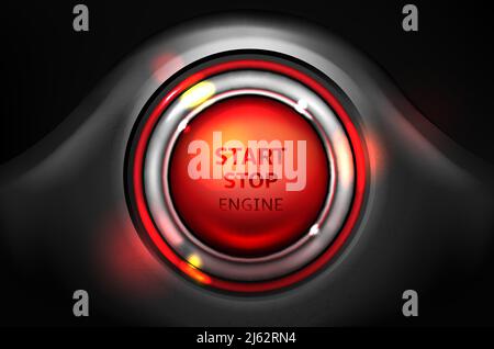 Start and stop car engine ignition button vector illustration. Realistic round red control in chrome metallic frame with LED illumination on vehicle d Stock Vector