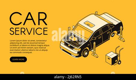 Car service vector illustration of automobile garage station. Automotive mechanic diagnostic and engine or chassis repair in isometric black thin line Stock Vector