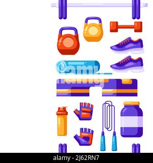 Seamless pattern with fitness equipment. Sport bodybuilding items illustration. Healthy lifestyle background. Stock Vector