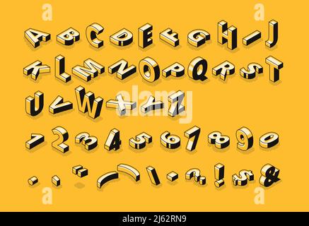 Isometric letters halftone font vector illustration of thin line cartoon abstract alphabet typography, numbers and symbols or signs in geometric shape Stock Vector