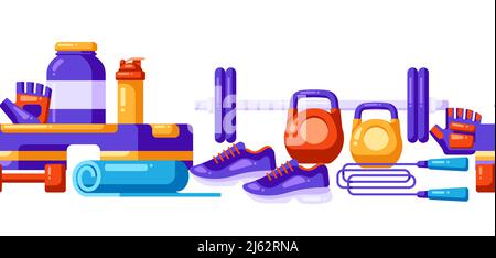Seamless pattern with fitness equipment. Sport bodybuilding items illustration. Healthy lifestyle background. Stock Vector