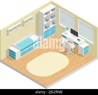 Kids room isometric composition with computer chair and lamp vector ...