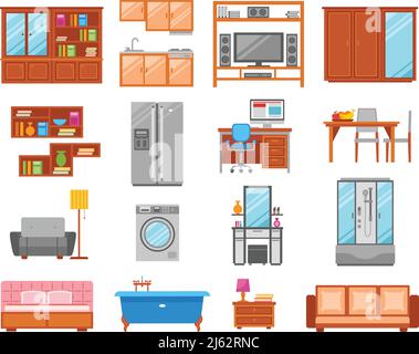 Set of different types of interior  furniture icons for room bathroom and kitchen vector illustration Stock Vector