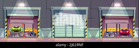 Vector cartoon mechanic box with car on lift, repairing of the vehicle. Fixing sport transport in garage. Storeroom with tools, parts and details. Bac Stock Vector