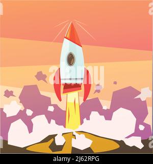 Rocket launch and startup cartoon background with ground and fire vector illustration Stock Vector