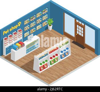 Pet shop interior composition with food accessories and toys isometric vector illustration Stock Vector