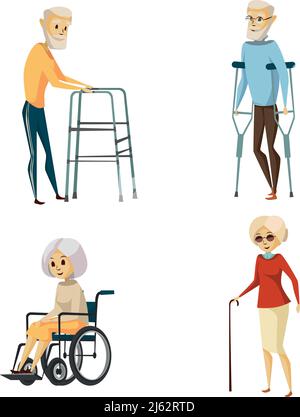 Vector cartoon disabled senior characters with restriction of movement using medical equipment set. Grey-haired old woman sitting in wheelchair, femal Stock Vector