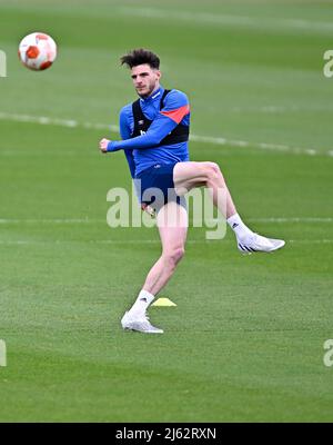 Rush Green London, UK. 27th Apr, 2022. Declan Rice (West Ham) during the West Ham training session at the Rush Green Training Ground prior to their Europa League semi-final first leg match against Eintracht Frankfurt at the London Stadium on 28th April 2022. Credit: MARTIN DALTON/Alamy Live News Stock Photo
