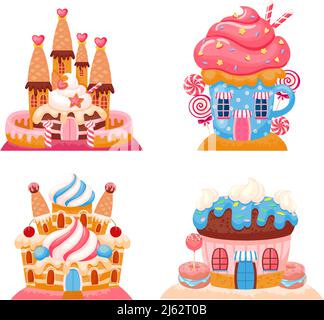 Candyland chocolate biscuit houses, sweet castles set Stock Vector