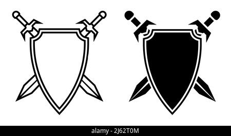 linear icon, pair of crossed knight swords against background of shield. Emblem of old royal family. Simple black and white vector isolated on white b Stock Vector