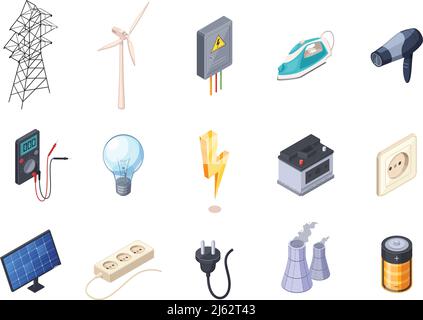 Electricity isometric icons set with socket and battery isolated vector illustration Stock Vector