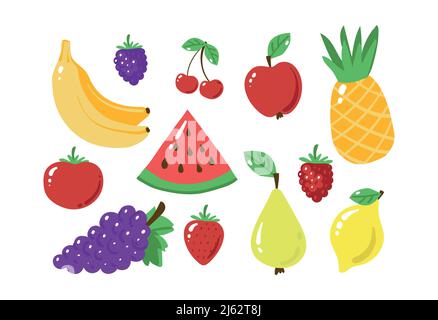 Bunch of fruit icons in flat design. Watermelon, bananas, apple, pineapple. Cartoon cartoon illustrations of healthy vegetarian food isolated on white Stock Vector