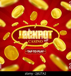 Jackpot casino game online site design with play button option and flying golden coins background vector illustration Stock Vector