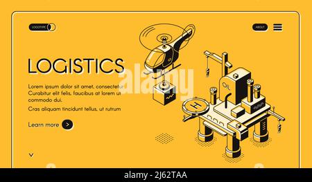 Logistics company vector web banner with helicopter carrying cargo from oil platform isometric line art illustration on yellow background. Air transpo Stock Vector
