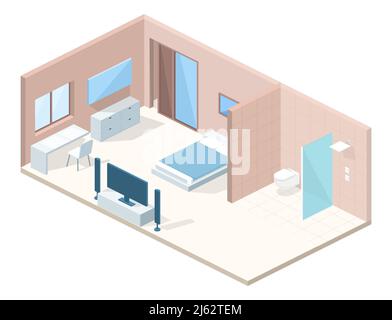 Bedroom or hotel room interior in cross section vector illustration. Modern minimalistic comfortable design of bed and toilet and shower with furnitur Stock Vector