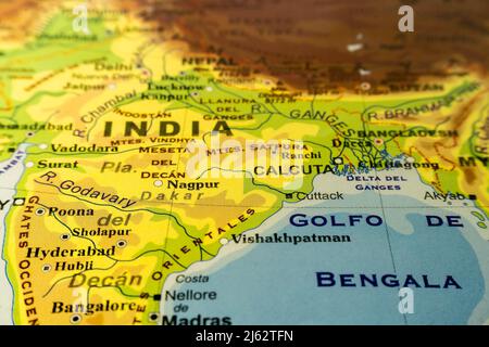 Close-up orographic map of Bangladesh, Ganges delta and Northwest India, with references in Spanish. Concept cartography, Travel, geography. Different Stock Photo