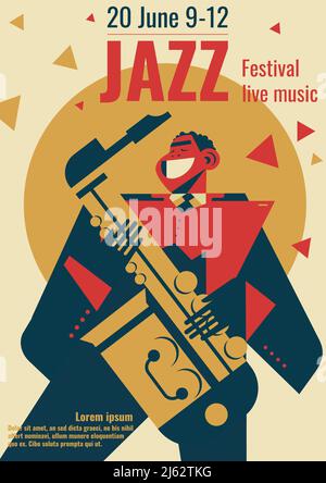 Jazz music festival poster vector illustration. Jazz club band concert placard flat retro or modern design template of black jazzman man playing saxop Stock Vector