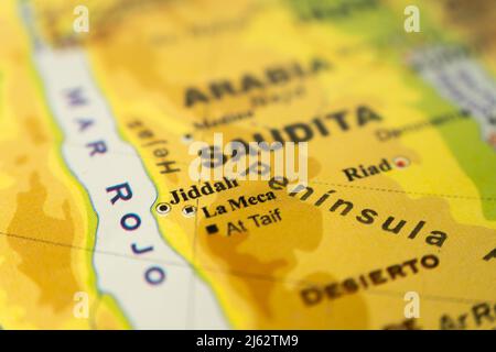 Close-up of the orographic map of Eastern Saudi Arabia, Mecca and Jiddah, with references in Spanish. Concept cartography, Travel, geography. Differen Stock Photo