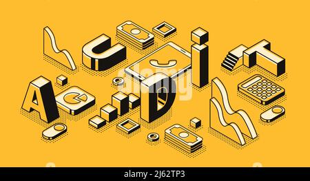 Business audit vector illustration in letters design and isometric black thin line on yellow halftone background. Company finance statistics and tax a Stock Vector