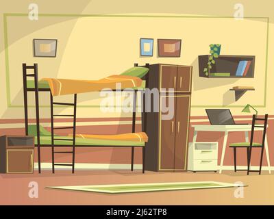 Vector cartoon student dormitory room interior background template. University, high school college, hostel living apartment. Illustration with bunk b Stock Vector