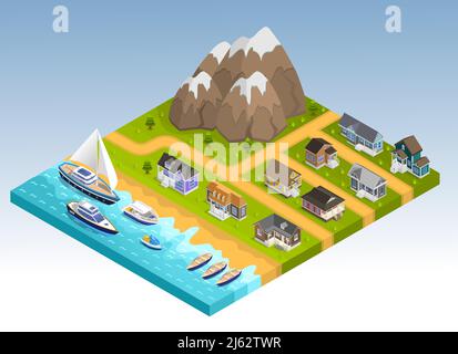 Sea line scape composition with cottage estate isometric houses mountains and coastline with yachts cruisers and boats vector illustration Stock Vector