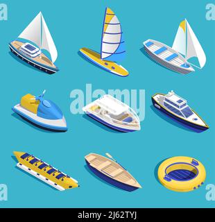 Sea activities isometric set on blue background isolated vector illustration Stock Vector