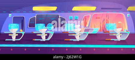 Futuristic classroom on space ship. Modern empty studying area on spaceship with digital blackboard, hologram monitors on desks, neon illumination and Stock Vector