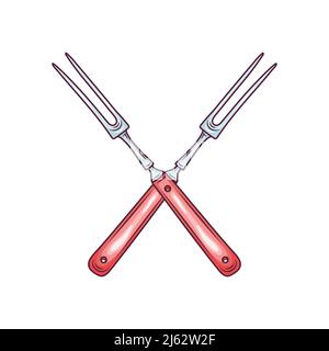 Kitchen cooking pitchfork or meat fork utensil, hand drawn colored vector illustration isolated on white background. Barbecue and grill fork with long Stock Vector